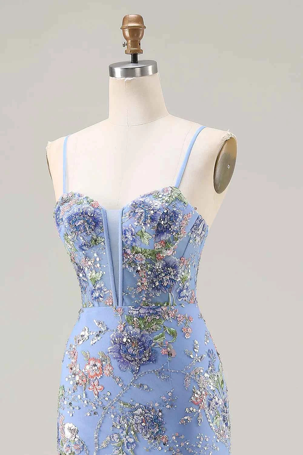 Lucy Light Blue 3D Flower Mermaid Maxi Dress with Slit