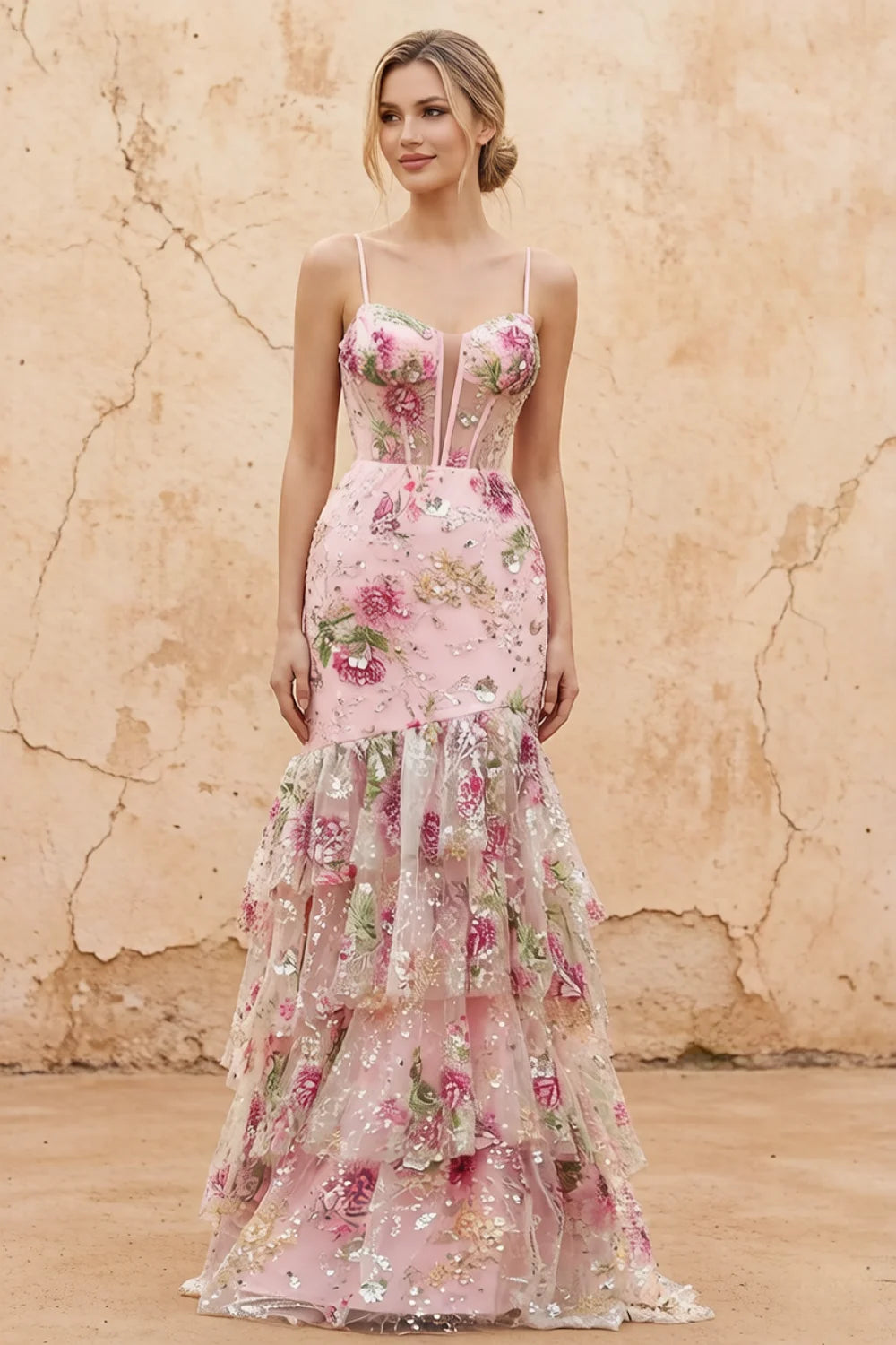 Lucy Pink 3d Flower Mermaid Maxi Dress with Slit Main image