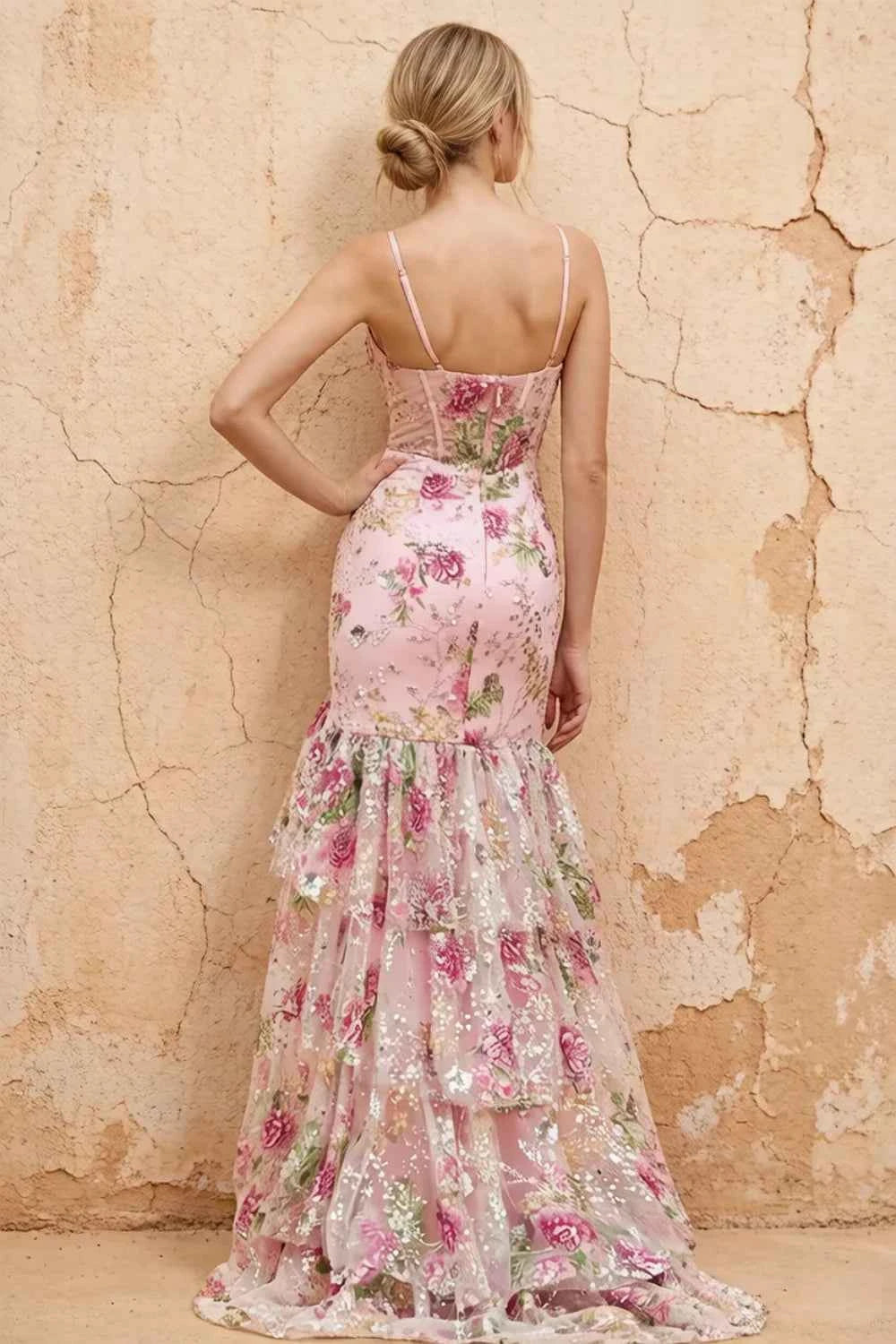Lucy Pink 3d Flower Mermaid Maxi Dress with Slit
