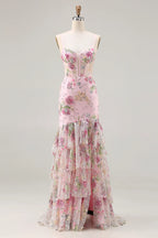 Lucy Pink 3d Flower Mermaid Maxi Dress with Slit