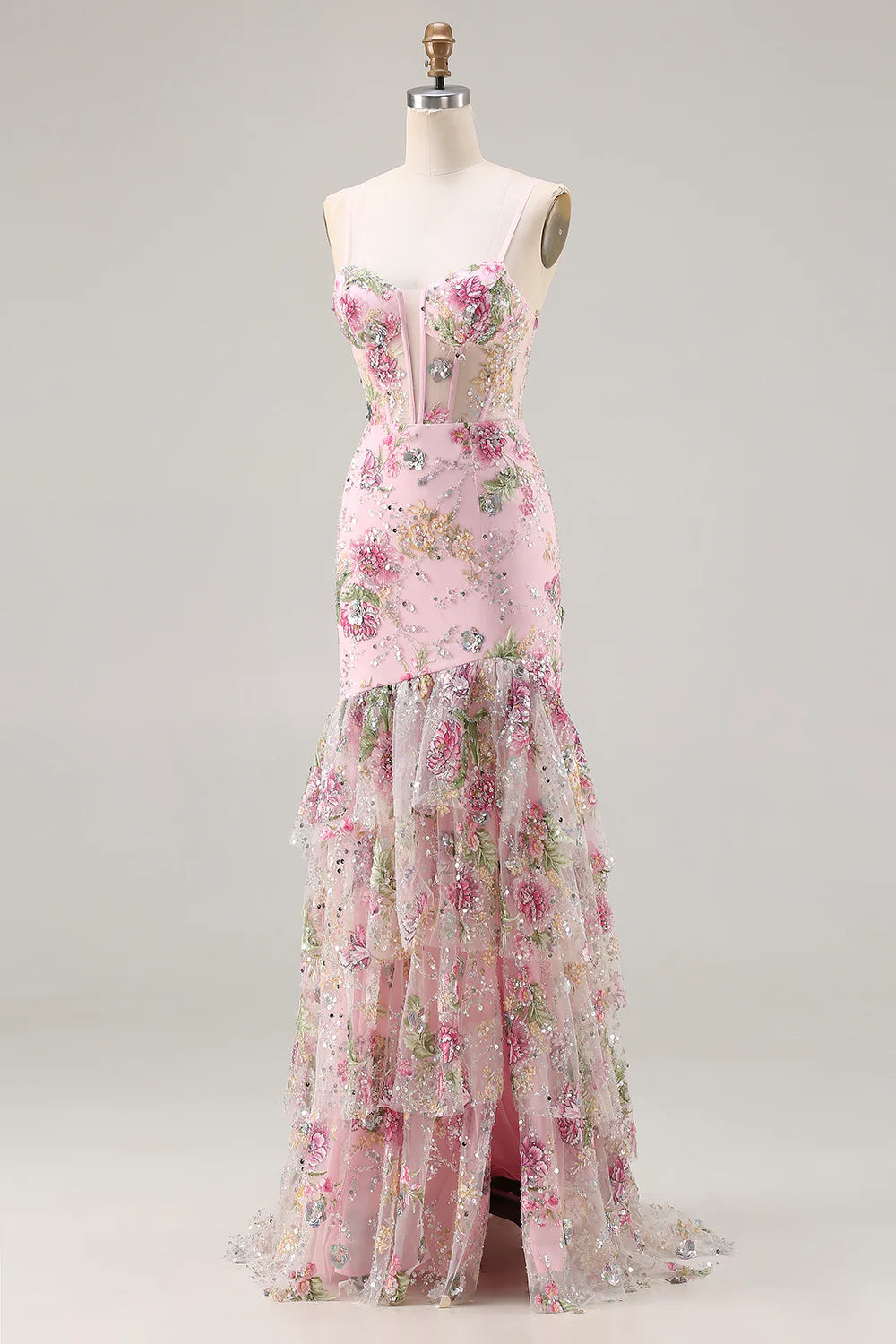 Lucy Pink 3d Flower Mermaid Maxi Dress with Slit