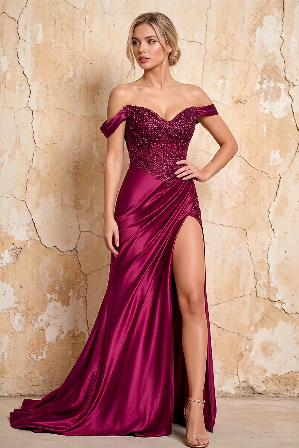 Megan Sparkly Burgundy Off the Shoulder Maxi Dress