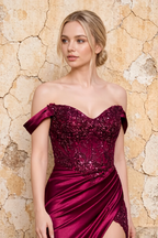 Megan Sparkly Burgundy Off the Shoulder Maxi Dress