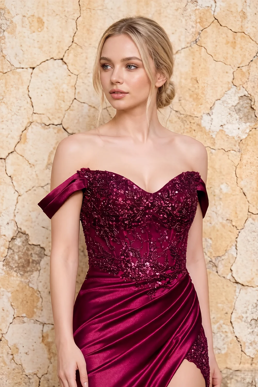 Megan Sparkly Burgundy Off the Shoulder Maxi Dress