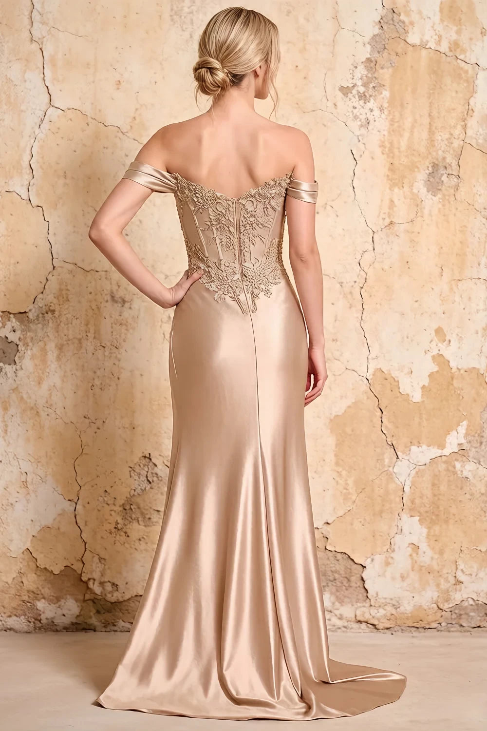 Translation missing: en.Megan Champagne embellished off-the-shoulder satin maxi dress with high slit - photo 2 content.product_image_secondary
