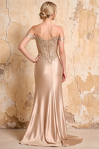 Megan Sparkly Champagne Off the Shoulder Maxi Dress