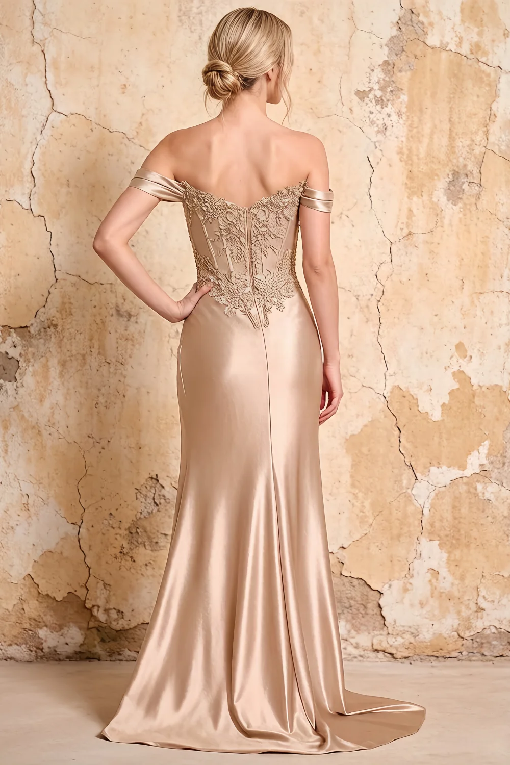 Megan Sparkly Champagne Off the Shoulder Maxi Dress