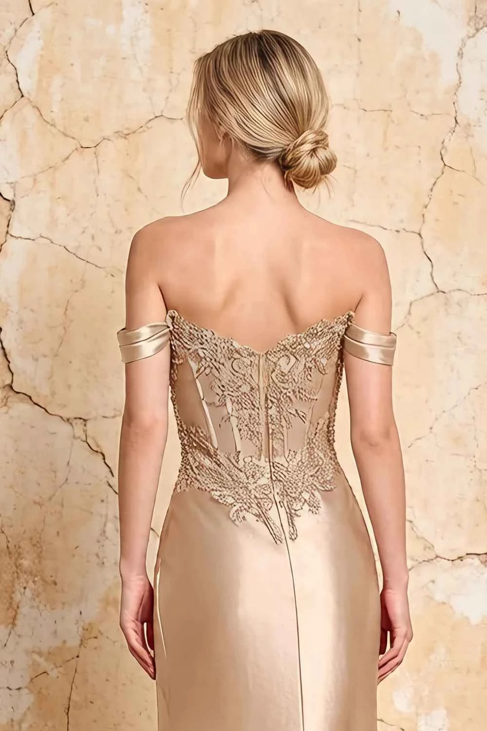 Megan Sparkly Champagne Off the Shoulder Maxi Dress