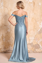 Megan Sparkly Dusty Blue Off the Shoulder Maxi Dress