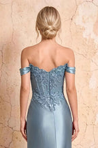 Megan Sparkly Dusty Blue Off the Shoulder Maxi Dress
