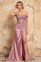 Megan Sparkly Dusty Rose Off the Shoulder Maxi Dress