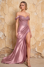 Megan Sparkly Dusty Rose Off the Shoulder Maxi Dress