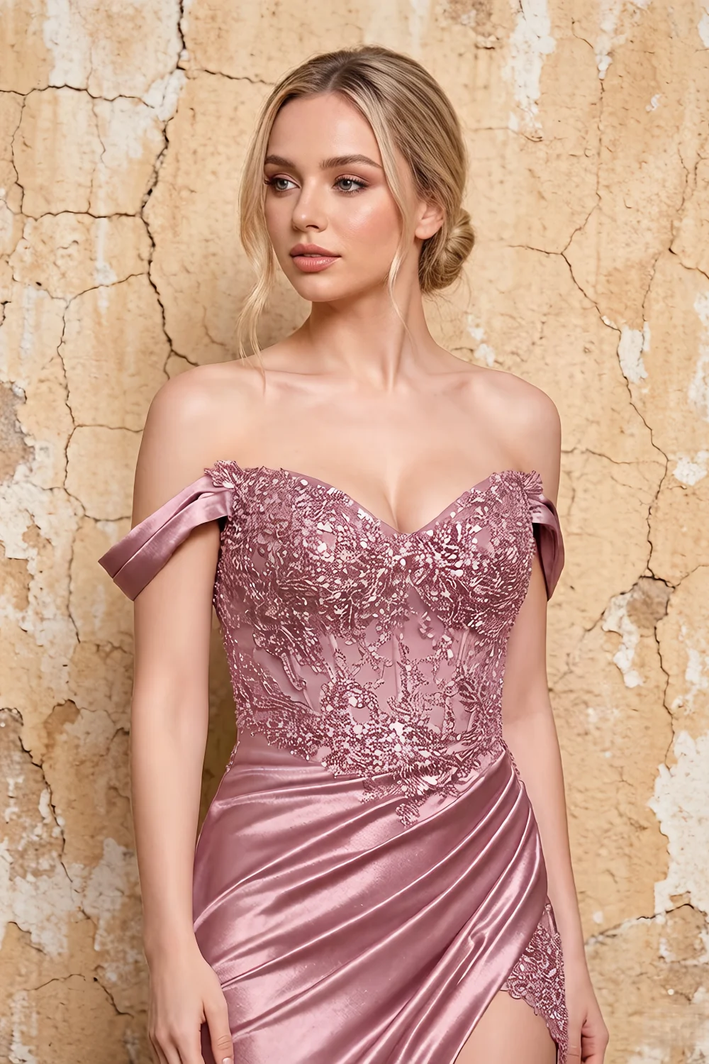 Megan Sparkly Dusty Rose Off the Shoulder Maxi Dress