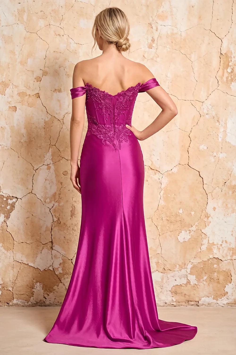 Translation missing: en.Megan Fuchsia embellished off-the-shoulder satin maxi dress with high slit - photo 2 content.product_image_secondary