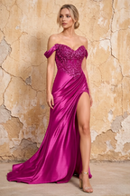 Megan Sparkly Fuchsia Off the Shoulder Maxi Dress