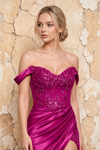 Megan Sparkly Fuchsia Off the Shoulder Maxi Dress