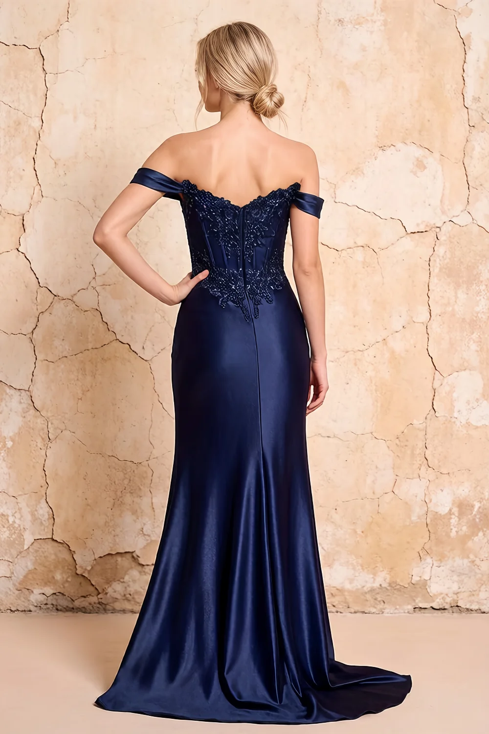 Megan Sparkly Navy Blue Off the Shoulder Maxi Dress