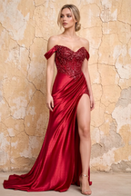 Megan Sparkly Red Off the Shoulder Maxi Dress