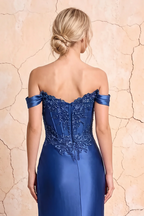 Megan Sparkly Royal Blue Off the Shoulder Maxi Dress