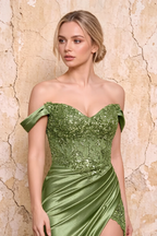 Megan Sparkly Sage Green Off the Shoulder Maxi Dress