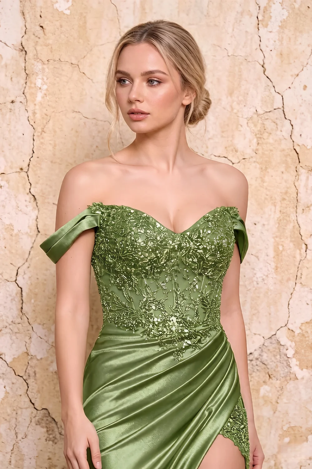 Megan Sparkly Sage Green Off the Shoulder Maxi Dress