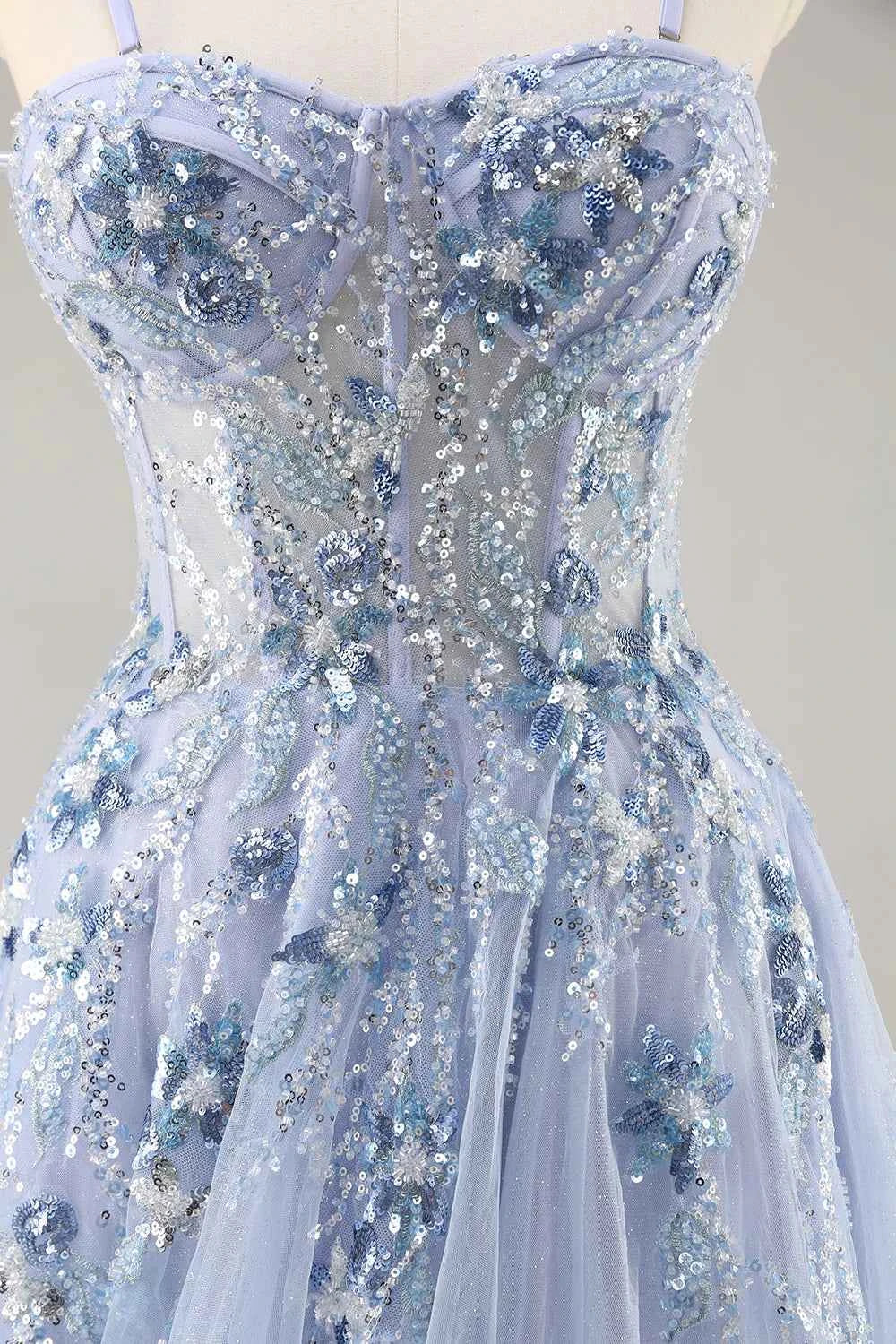 Lydia Light Blue Tulle Sweetheart Neck Corset Slit Maxi Dress