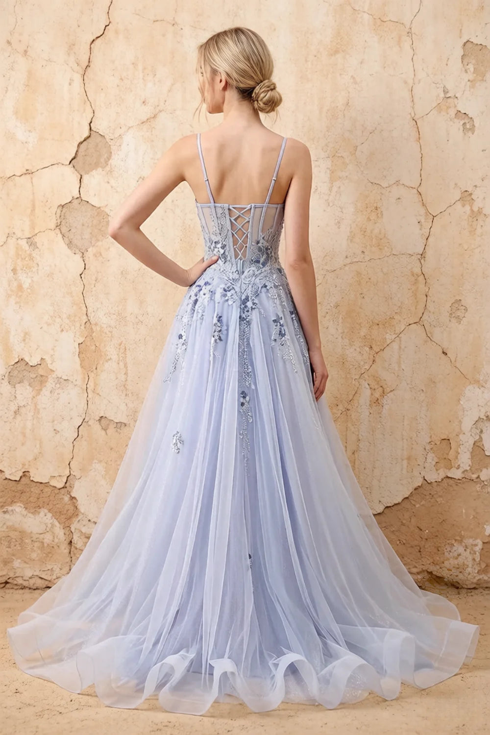 Lydia Light Blue Tulle Sweetheart Neck Corset Slit Maxi Dress