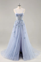 Lydia Light Blue Tulle Sweetheart Neck Corset Slit Maxi Dress