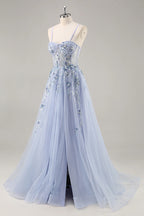 Lydia Light Blue Tulle Sweetheart Neck Corset Slit Maxi Dress
