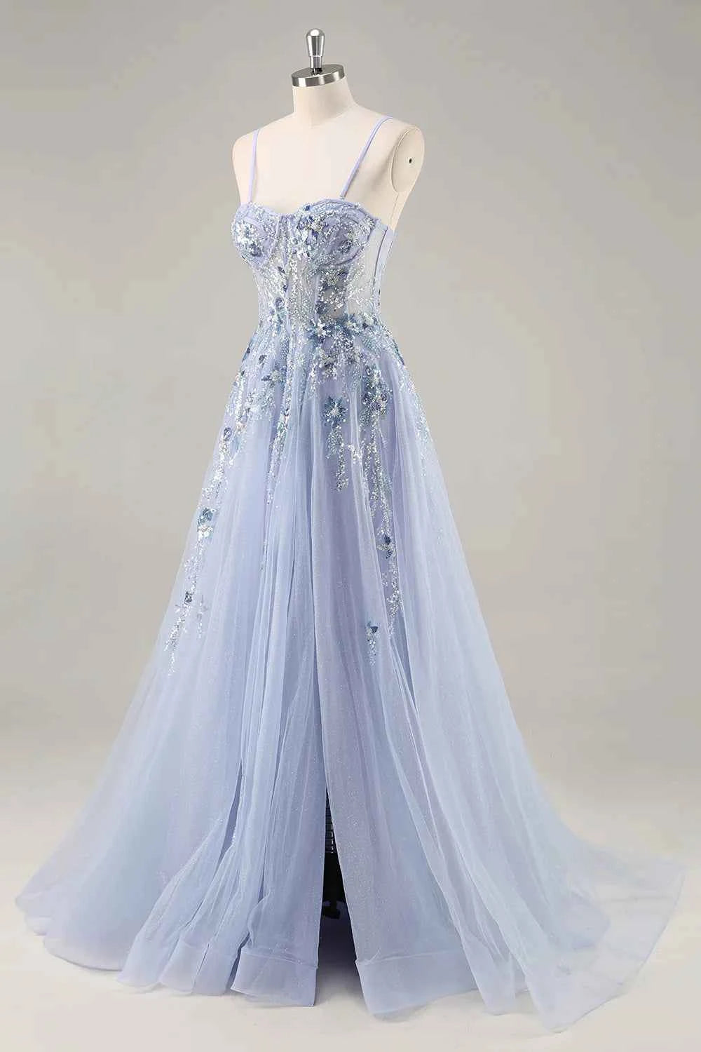 Lydia Light Blue Tulle Sweetheart Neck Corset Slit Maxi Dress