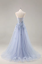 Lydia Light Blue Tulle Sweetheart Neck Corset Slit Maxi Dress