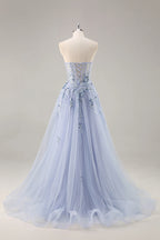 Lydia Light Blue Tulle Sweetheart Neck Corset Slit Maxi Dress