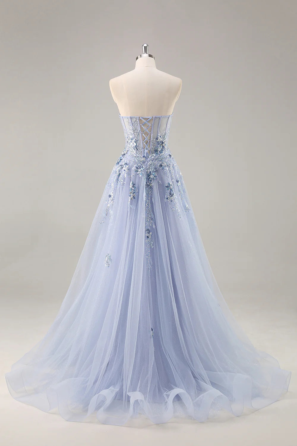 Lydia Light Blue Tulle Sweetheart Neck Corset Slit Maxi Dress