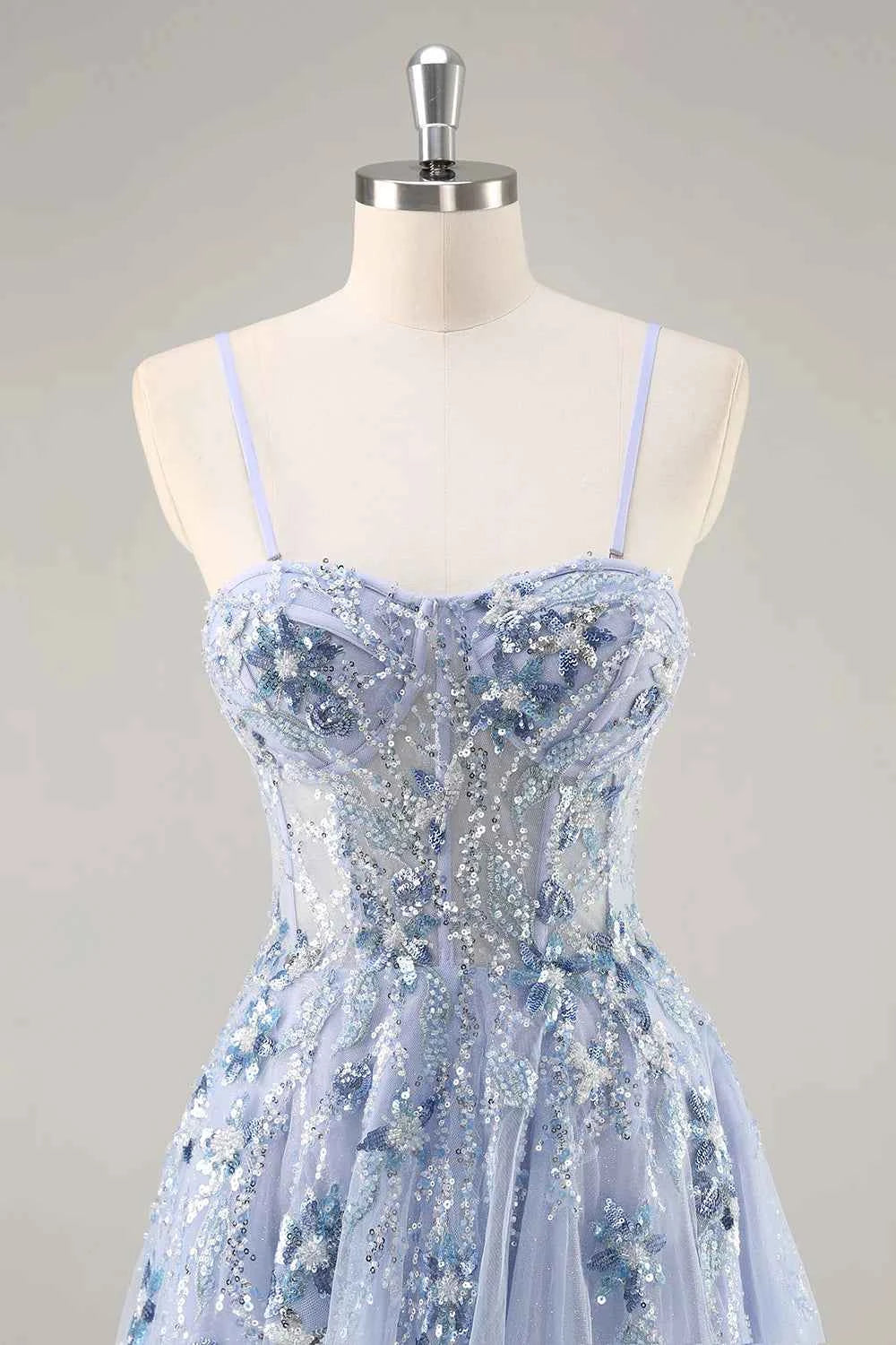 Lydia Light Blue Tulle Sweetheart Neck Corset Slit Maxi Dress