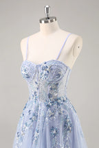 Lydia Light Blue Tulle Sweetheart Neck Corset Slit Maxi Dress