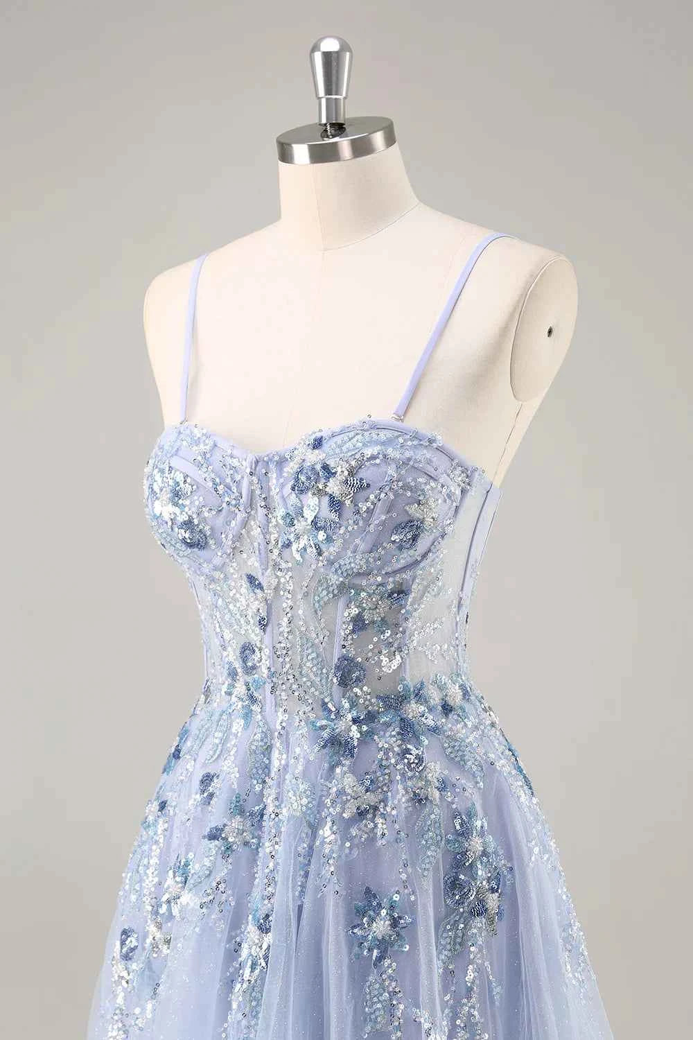 Lydia Light Blue Tulle Sweetheart Neck Corset Slit Maxi Dress