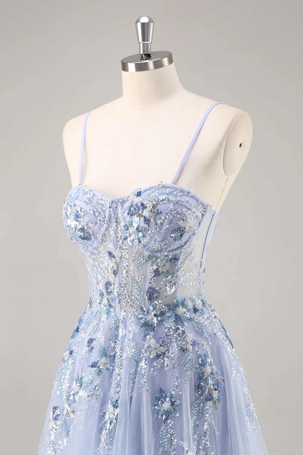 Lydia Light Blue Tulle Sweetheart Neck Corset Slit Maxi Dress