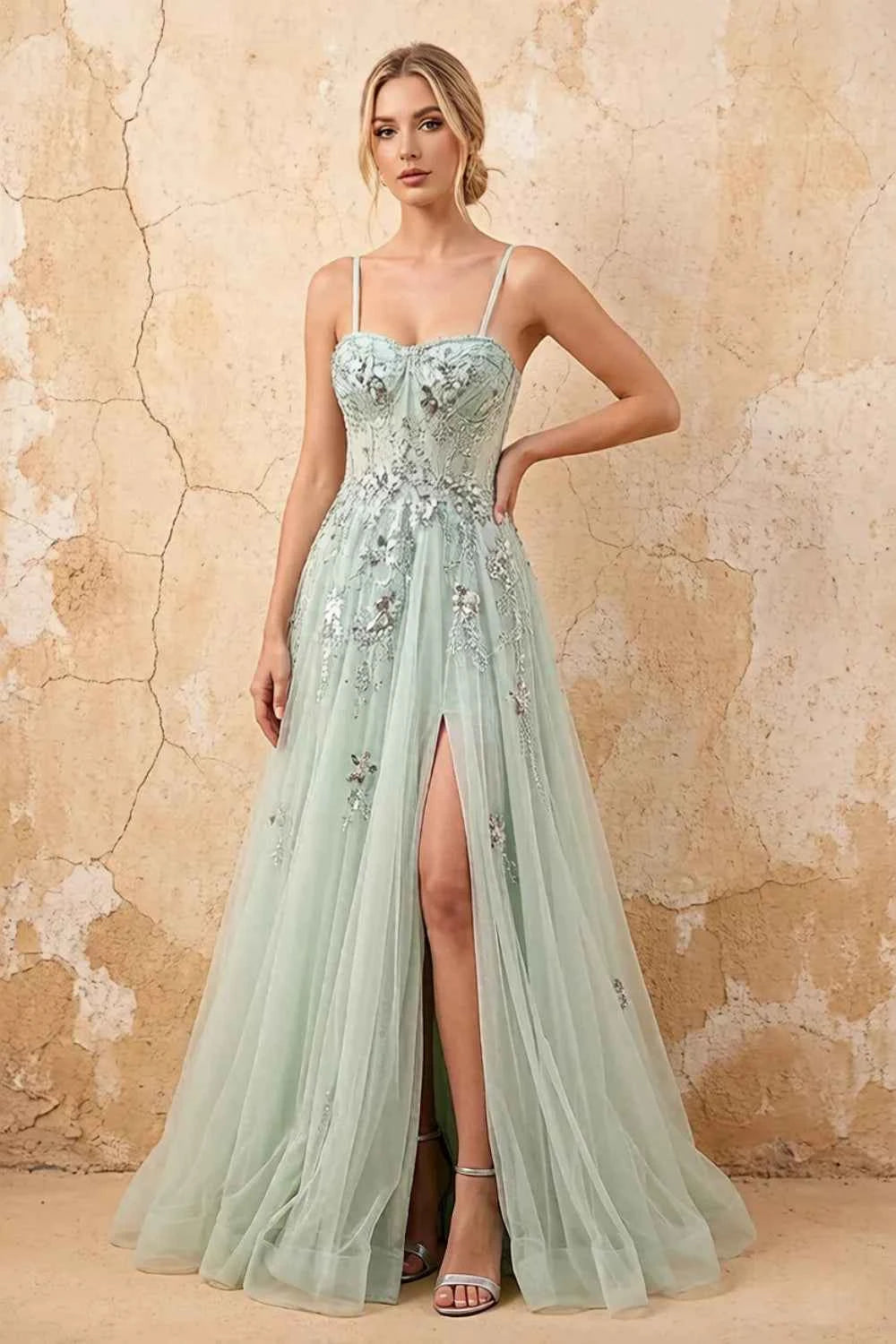 Lydia Sage Green Tulle Sweetheart Neck Corset Slit Maxi Dress