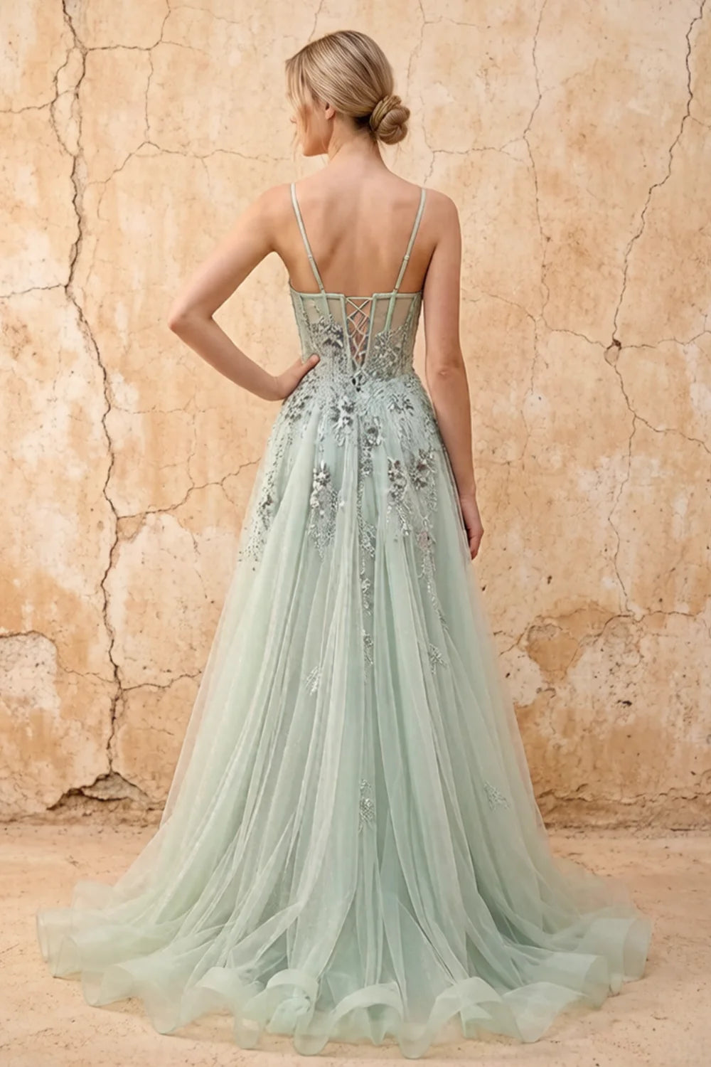 Lydia Sage Green Tulle Sweetheart Neck Corset Slit Maxi Dress Secondary image