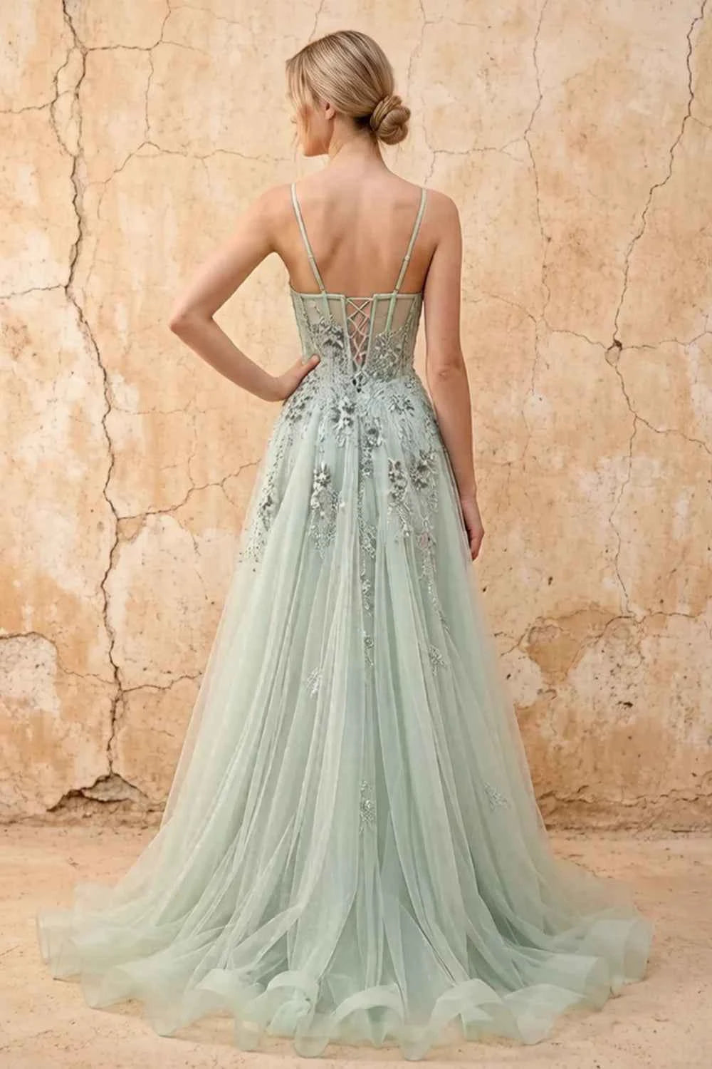 Lydia Sage Green Tulle Sweetheart Neck Corset Slit Maxi Dress
