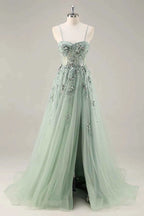 Lydia Sage Green Tulle Sweetheart Neck Corset Slit Maxi Dress