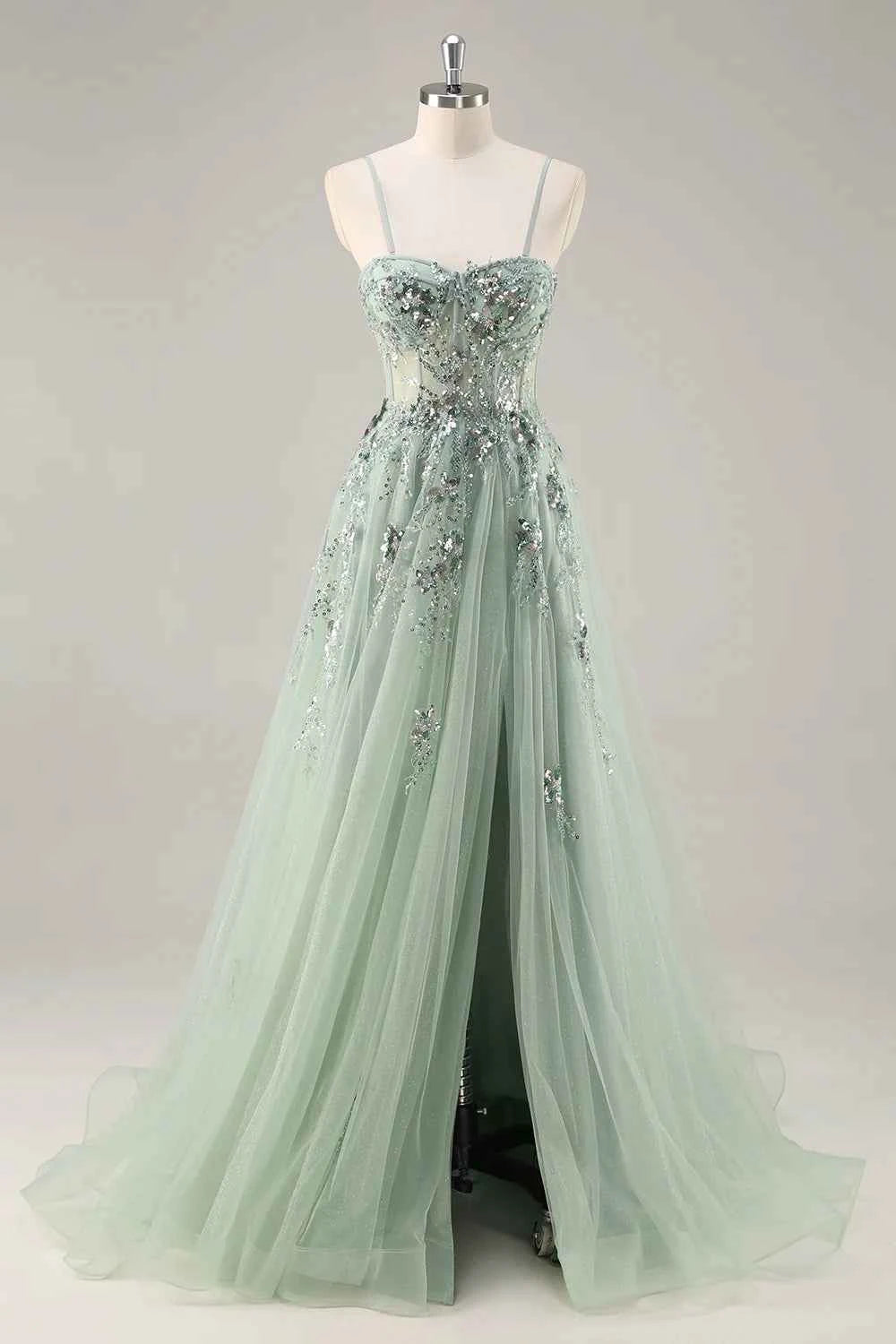Lydia Sage Green Tulle Sweetheart Neck Corset Slit Maxi Dress