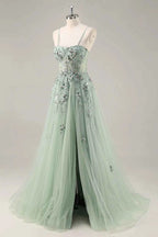Lydia Sage Green Tulle Sweetheart Neck Corset Slit Maxi Dress
