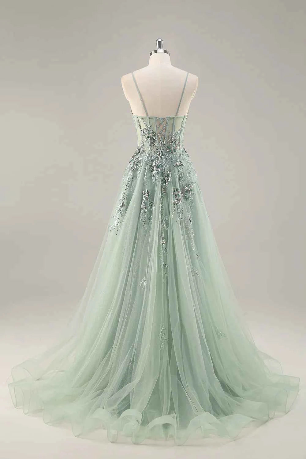 Lydia Sage Green Tulle Sweetheart Neck Corset Slit Maxi Dress