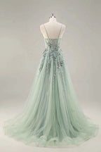 Lydia Sage Green Tulle Sweetheart Neck Corset Slit Maxi Dress