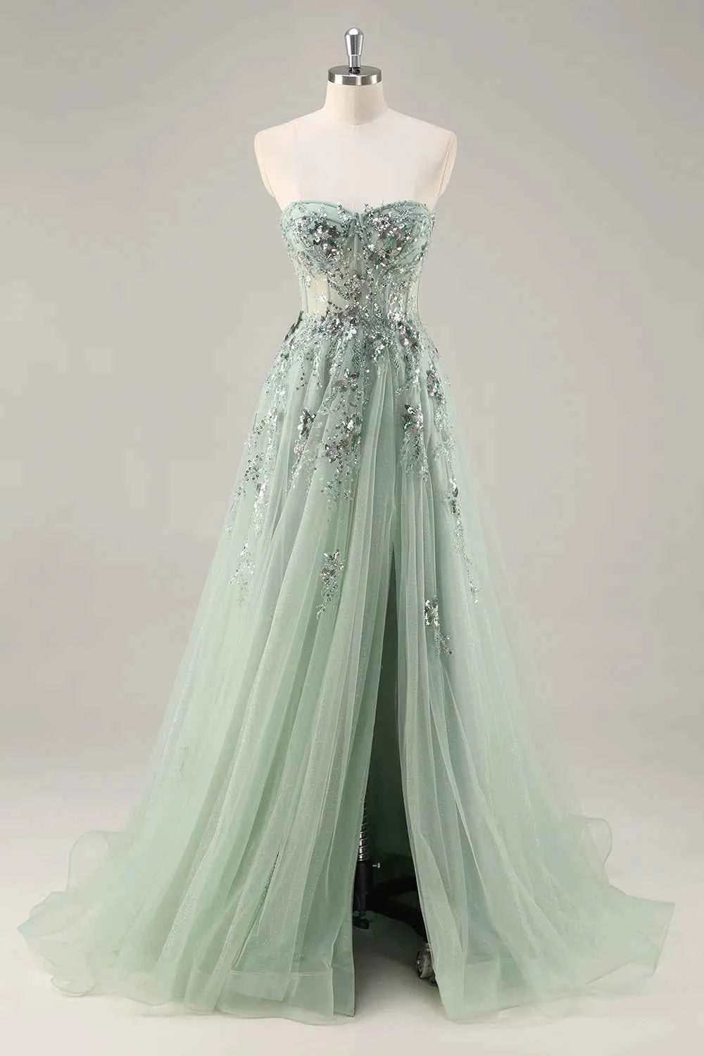 Lydia Sage Green Tulle Sweetheart Neck Corset Slit Maxi Dress