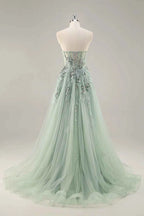 Lydia Sage Green Tulle Sweetheart Neck Corset Slit Maxi Dress