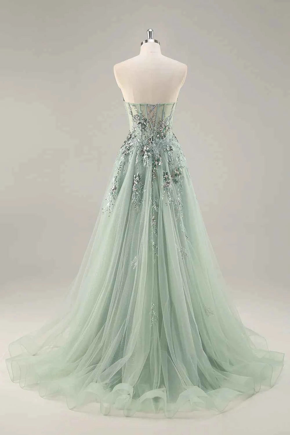 Lydia Sage Green Tulle Sweetheart Neck Corset Slit Maxi Dress