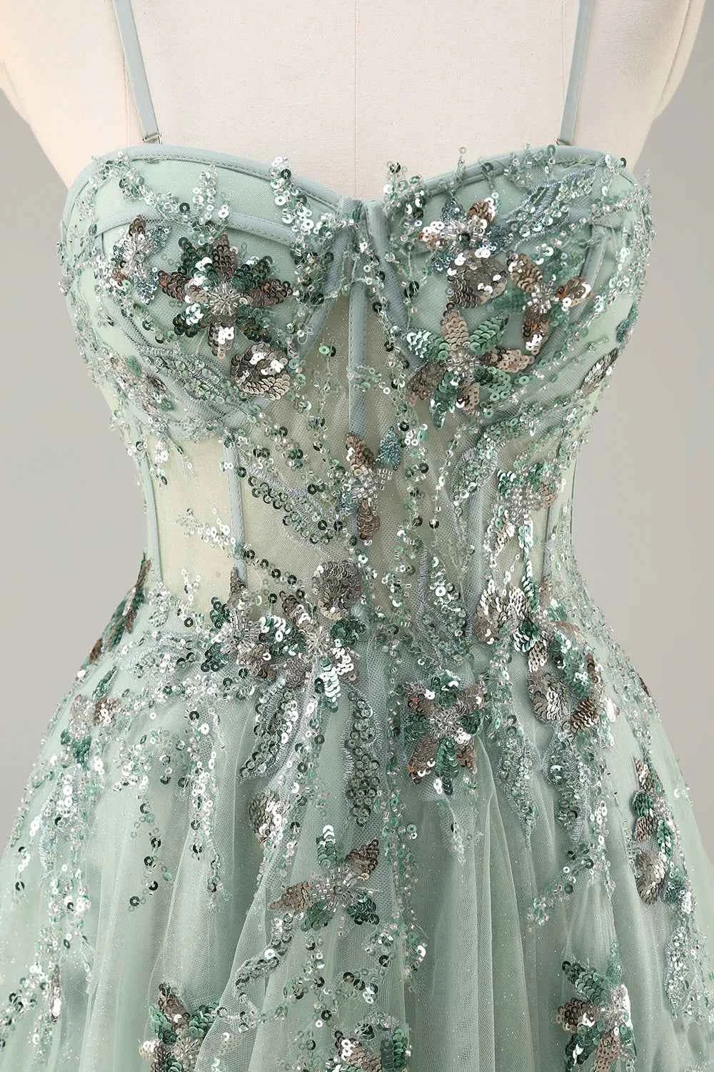 Lydia Sage Green Tulle Sweetheart Neck Corset Slit Maxi Dress