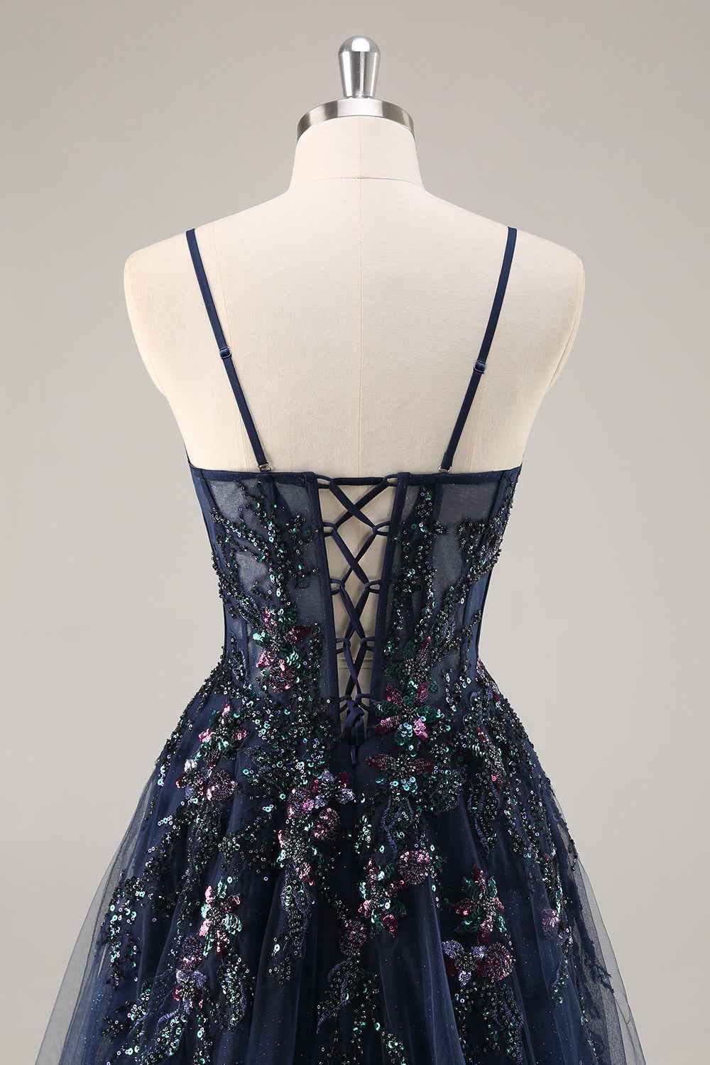 Lydia Navy Blue Tulle Sweetheart Neck Corset Slit Maxi Dress
